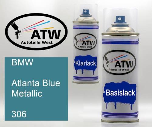 BMW, Atlanta Blue Metallic, 306: 400ml Sprühdose + 400ml Klarlack - Set, von ATW Autoteile West.